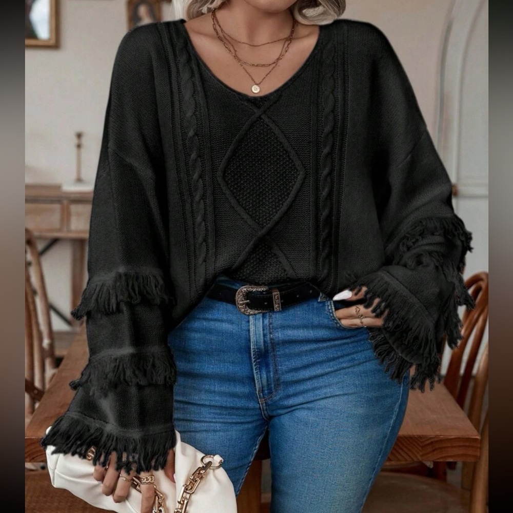Plus size cozy fringe detail cable knit sweater top